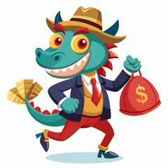 Businessman Looking Cartoon 2D Vector Illustration of a Running Dragon Holding Money Bags, Front View, White Background