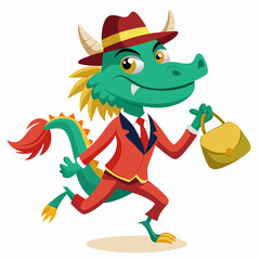 Fototapeta premium Businessman Looking Cartoon 2D Vector Illustration of a Running Dragon Holding Money Bags, Front View, White Background