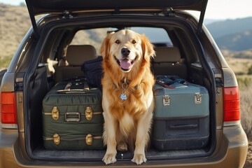 Golden retriever sitting in car trunk with suitcases, ready for travel and adventure, on a sunny day.