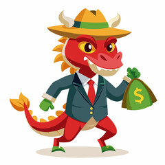 Businessman Looking Cartoon 2D Vector Illustration of a Running Dragon Holding Money Bags, Front View, White Background