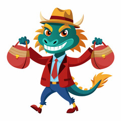 Businessman Looking Cartoon 2D Vector Illustration of a Running Dragon Holding Money Bags, Front View, White Background