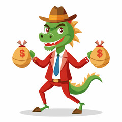 Businessman Looking Cartoon 2D Vector Illustration of a Running Dragon Holding Money Bags, Front View, White Background