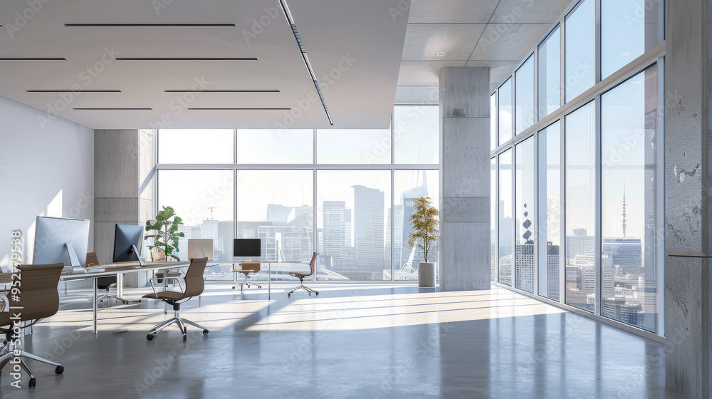 Poster a large open office space with a view of the city
