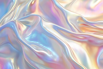 Obraz premium Close-up of flowing iridescent fabric with pastel colors, showcasing smooth and shiny texture suitable for backgrounds and design.