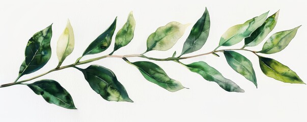 Watercolor painting of a green leafy branch against a white background, showcasing delicate, natural beauty in minimalist art style.