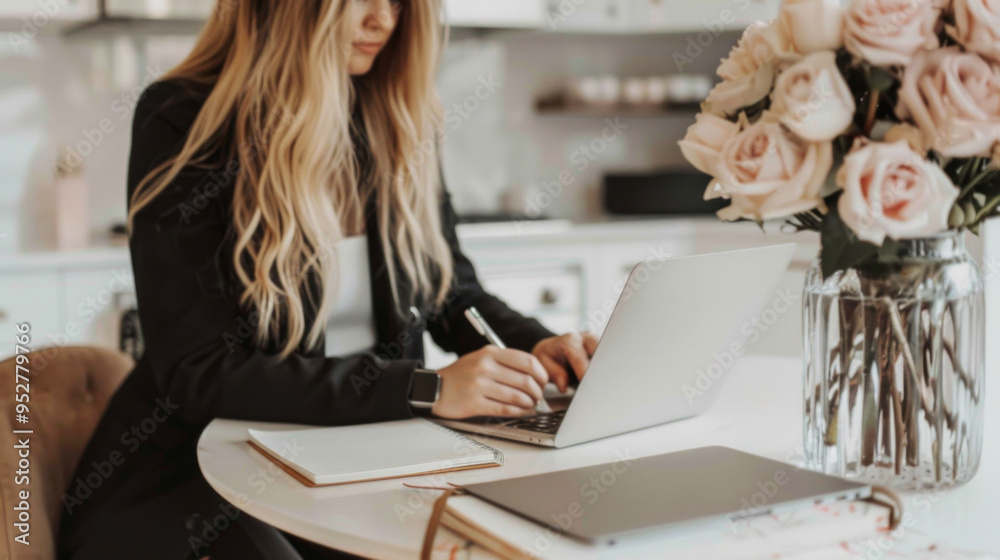 Poster a woman is sitting at a table with a laptop and a notebook