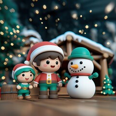 Festive Elves and Snowman Celebrating Christmas Outdoors