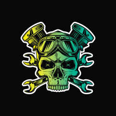 Skull wearing motorcycle goggles against a background of wrenches and an engine. Original vector illustration in vintage style isolated on black background. T-shirt design.