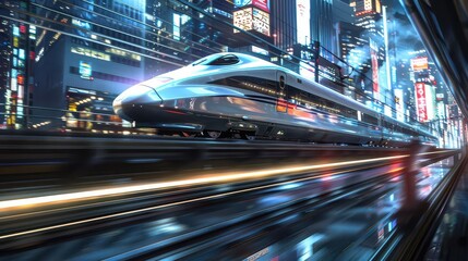 sleek bullet train speeding through a futuristic cityscape leaving a trail of light streaks gleaming skyscrapers and holographic billboards blurred in the background