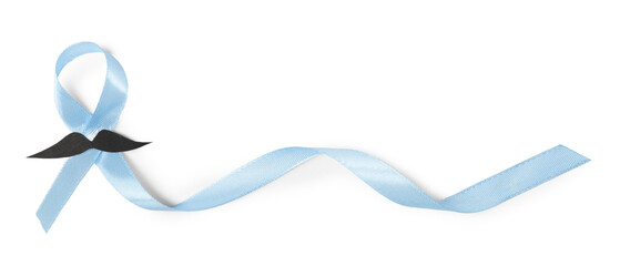 Light blue ribbon and fake mustache isolated on white, top view. Prostate cancer awareness
