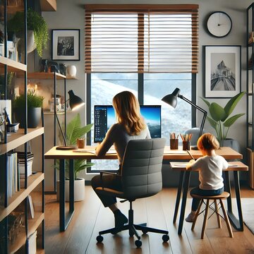 Madre teletrabajando en oficina en casa, mientras su hijo dibuja a su lado en ambiente organizado