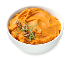 Delicious mashed sweet potatoes with walnuts and rosemary in bowl isolated on white