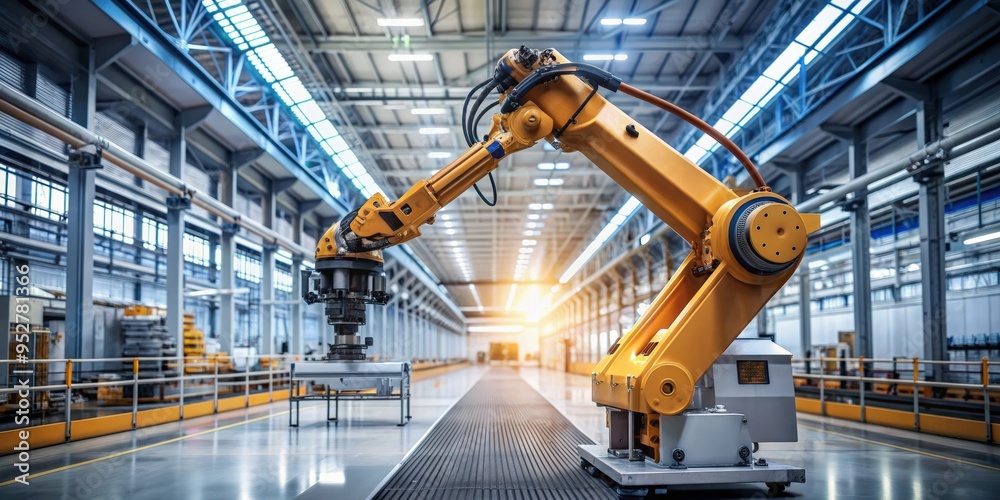 Poster industrial robot arm in a factory setting, automation, manufacturing, technology, robotics, machine