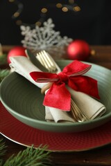 Beautiful Christmas setting on wooden table, closeup