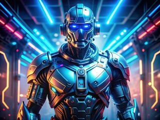 Naklejka premium Futuristic robotic warrior stands proudly, illuminated by neon lights, with glowing blue optics and metallic armor, showcasing advanced artificial intelligence in futuristic warfare technology.
