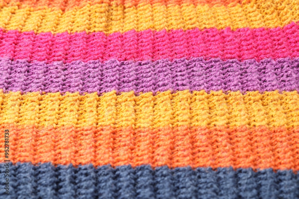 Poster Texture of colorful knitted fabric as background, closeup