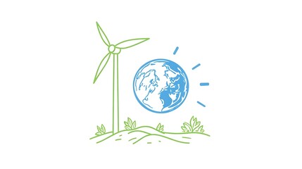 Obraz premium Eco-Friendly Renewable Energy Concept - Earth Globe with Spinning Windmill Icon, Vector Illustration on White Background in Green and Blue Colors
