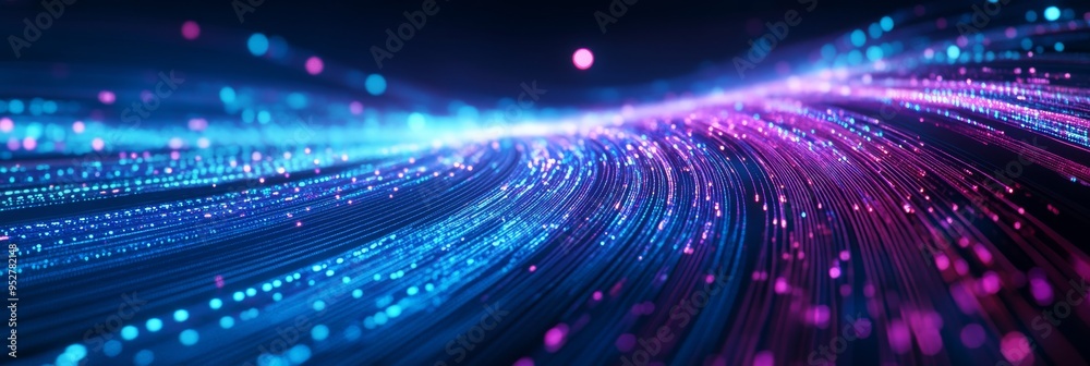 Fototapete vibrant blue and purple neon lines swirl through a digital landscape, creating an abstract represent