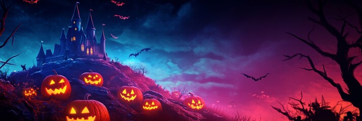 Obraz premium A spooky castle looms atop a hill, surrounded by glowing jack-o'-lanterns. Bats flit through the dark sky, enhancing the eerie Halloween atmosphere