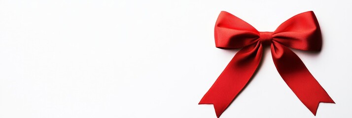 A vibrant red bow rests beautifully against a clean white background, showcasing its perfect ties and smooth fabric. It is a striking detail, perfect for festive occasions