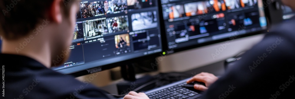 Poster an editor is immersed in the process, focusing on multiple screens displaying a variety of clips, me