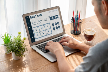 Smart home technology, centric remote control system with digital dashboard for air conditioning, safety security network or house automation. App software, ui panel programming IOT monitor snugly