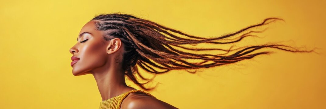A woman with beautifully braided dreadlocks shakes her hair, showcasing the flowing movement against a solid bright yellow background, emphasizing hair texture and style