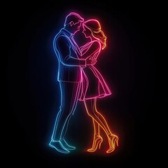 A simple neon outline illustration of a couple embracing, featuring bright blue and pink lights on a dark background. Romantic
