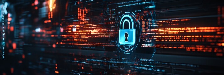 A detailed holographic screen displays various cybersecurity metrics, featuring a prominent virtual padlock that symbolizes data protection and security measures