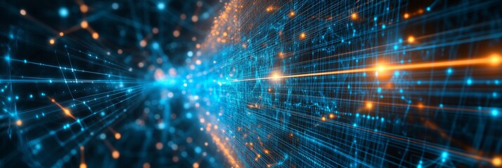 A high-angle closeup depicts a digital display illustrating an advanced data transfer process within a cloud computing framework, highlighting vibrant connectivity and technology