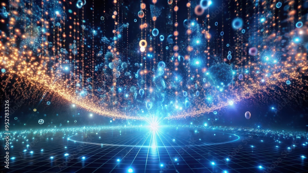 Fototapete abstract image of floating digital particles in a space filled with flying numbers, technology, data