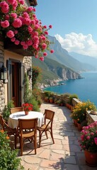 Fototapeta premium Sunny terrace surrounded by colorful flowers, invites relaxation, offering breathtaking view and cozy spot with table chairs. Terrace adorned with blooming flowers and scenic mountains. Generative AI.