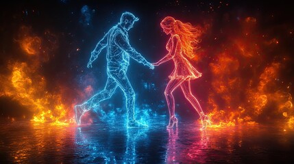 A vibrant neon illustration of a man and woman dancing, with elements of fire and ice symbolizing contrast and passion on a dark background.
