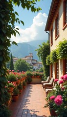 Sunny terrace surrounded by colorful flowers, invites relaxation, offering breathtaking view and cozy spot with table chairs. Terrace adorned with blooming flowers and scenic mountains. Generative AI.
