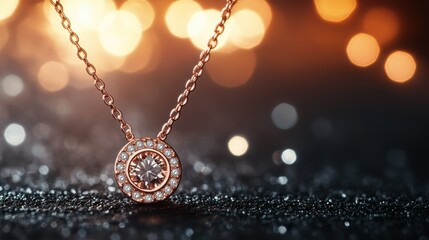 Fototapeta premium gleaming rose gold pendant shines elegantly in the spotlight, creating a sophisticated vibe for a stylish jewelry banner