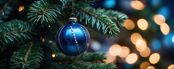 Christmas Tree With Ornaments In Blue - Baubles Hanging On Fir Branches With Glittering And Bokeh Lights In Abstract Defocused Background