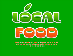 Vector advertising concept Local Food. Orange sticker Font. Stylish Alphabet Letters and Numbers set.