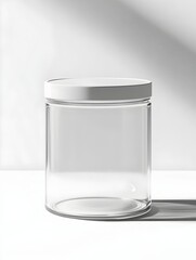 Minimalist Transparent Glass Storage Container on White Background