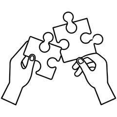 Continuous Line Art Hands Solving a Jigsaw Puzzle