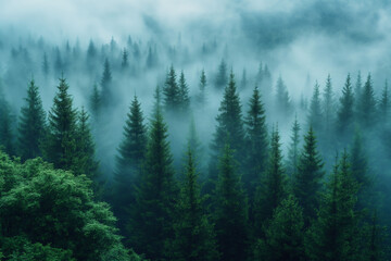 Fototapeta premium A serene forest landscape shrouded in mist offers a sense of calm and spiritual inner harmony during early morning hours