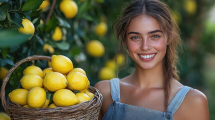 Obraz premium beautiful smiling young italian woman holding basket full of lemons against lemon garden background, harvest, citrus, fresh fruit, girl, nature, gardening, female portrait, summer, autumn, vitamin C