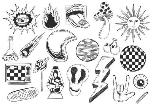set of groovy hand drawn scribble elements for grunge flash tattoo inspiration, vector illustration
