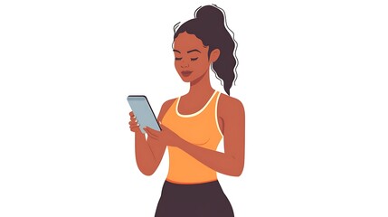 Naklejka premium Active Lifestyle: Caribbean Woman Using Fitness App on Smartphone - Vector Illustration