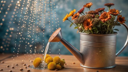 Watering can with flowers and drops in a bright setting
