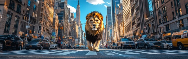 Naklejka premium Majestic Lion Roaming Freely in Taipei's Urban Jungle