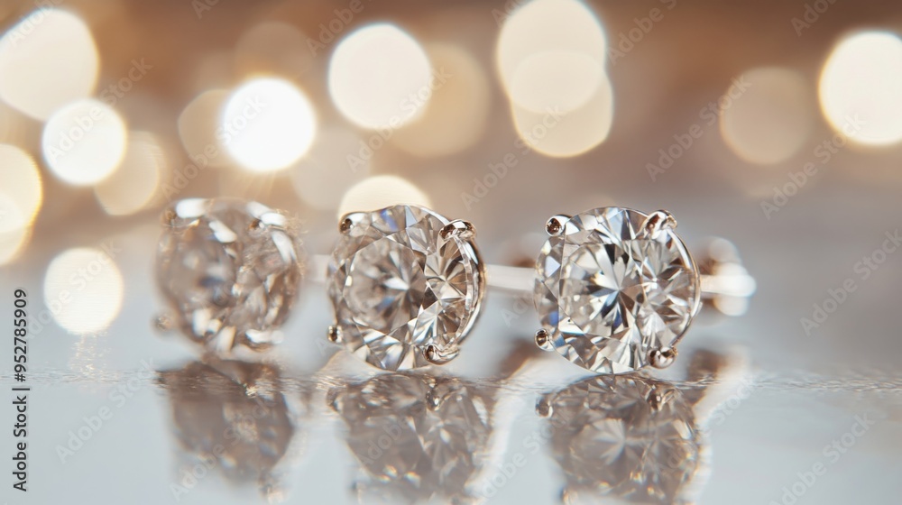 Poster Close-up of diamond earrings arranged on a glossy surface with a reflection, emphasizing their clarity and brilliance with a soft, neutral backdrop.