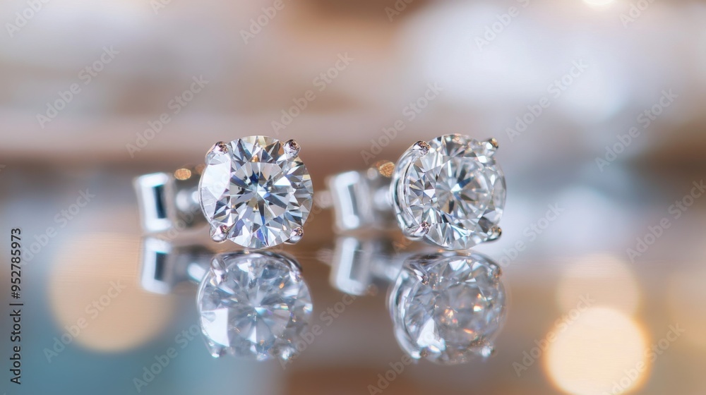 Poster Close-up of diamond earrings arranged on a glossy surface with a reflection, emphasizing their clarity and brilliance with a soft, neutral backdrop.