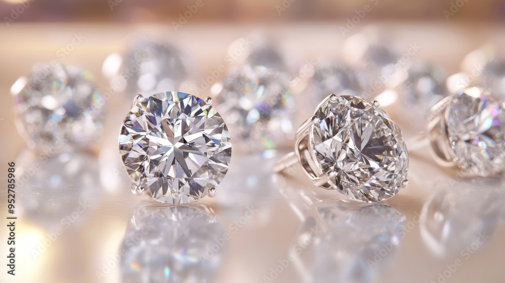 Poster Close-up of diamond earrings arranged on a glossy surface with a reflection, emphasizing their clarity and brilliance with a soft, neutral backdrop.