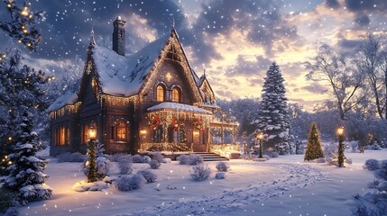 Fototapeta premium A Christmas-Decorated Victorian House in a Snowy Landscape