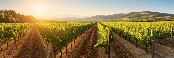 Neatly aligned rows of green grapevines stretch across the landscape, basking in the warm sunlight of a beautiful afternoon in the serene countryside